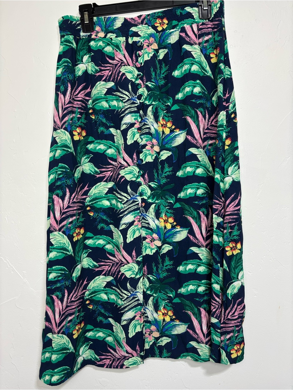 LOFT Women's Small Navy Tropical Floral A-Line Midi Skirt Faux Button Front